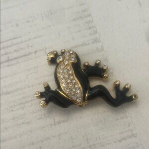 Vintage Rhinestone Frog Pin: 1980s Black Enamel Pure Allure Brooch